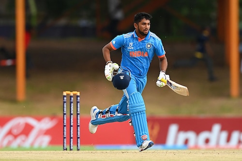 (File) Musheer Khan of India makes runs during the ICC U19 Men"s Cricket World Cup South Africa 2024 Super Six match between India and Nepal at Mangaung Oval on February 02, 2024 in Bloemfontein, South Africa.
Image: Alex Davidson-ICC/ICC via Getty Images (File) Musheer Khan of India makes runs during the ICC U19 Men"s Cricket World Cup South Africa 2024 Super Six match between India and Nepal at Mangaung Oval on February 02, 2024 in Bloemfontein, South Africa.
Image: Alex Davidson-ICC/ICC via Getty Images