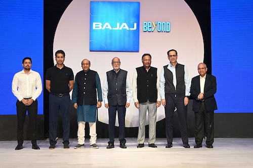 (L-R) Rajiv Bajaj (2nd from left) Madhur Bajaj, Shekhar Bajaj, Niraj Bajaj, and Sanjiv Bajaj came together to unveil Bajaj Beyond, a CSR initiative committing Rs 5,000 crore in five years, impacting around two crore people with a focus on skilling. Image: Anirudha Karmarkar for Forbes India