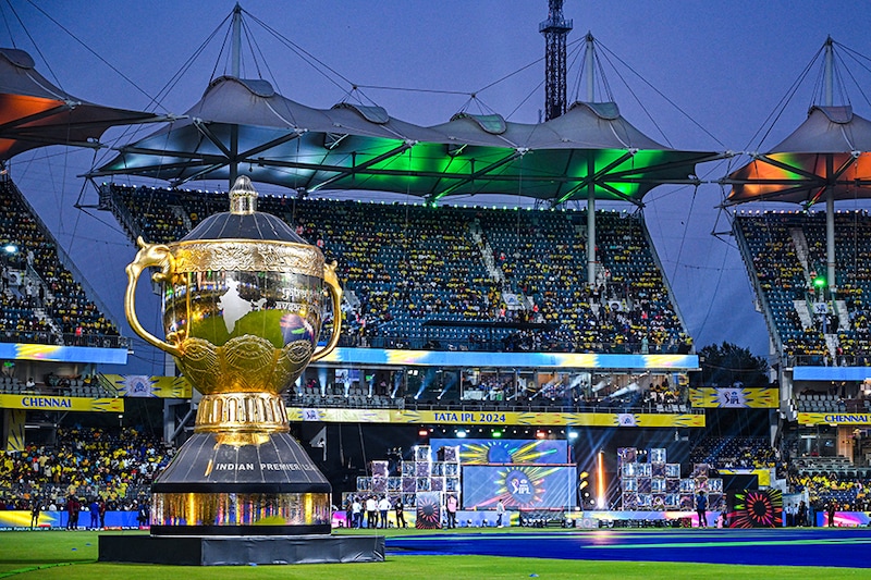 A model of IPL trophy is pictured before the start of the Indian Premier League (IPL) Twenty20 cricket match between Chennai Super Kings and Royal Challengers Bangalore at the MA Chidambaram Stadium in Chennai on March 22, 2024.