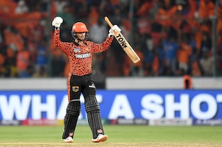 Sunrisers Hyderabad"s Abhishek Sharma celebrates after scoring a half-century (50 runs) during the Indian Premier League (IPL) Twenty20 cricket match between Sunrisers Hyderabad and Mumbai Indians at the Rajiv Gandhi International Stadium in Hyderabad on March 27, 2024.
Image: Noah Seelam / AFP