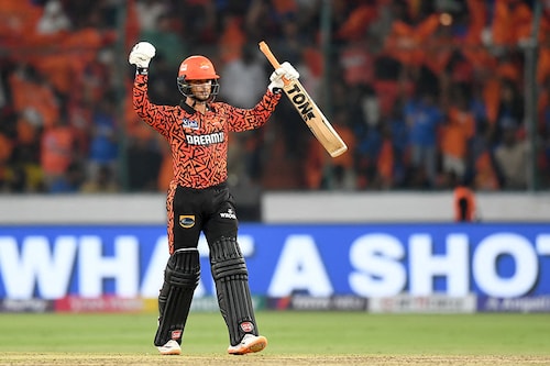 Sunrisers Hyderabad"s Abhishek Sharma celebrates after scoring a half-century (50 runs) during the Indian Premier League (IPL) Twenty20 cricket match between Sunrisers Hyderabad and Mumbai Indians at the Rajiv Gandhi International Stadium in Hyderabad on March 27, 2024.
Image: Noah Seelam / AFP
