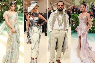 (L-R) Alia Bhatt, Natasha Poonawalla, Sabyasachi Mukherjee, and Mona Patel at Met Gala 2024. Images: Getty Images and AFP