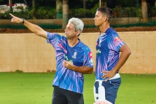 Zubin Bharucha (left) with Yashasvi Jaiswal (right) during IPL 2024