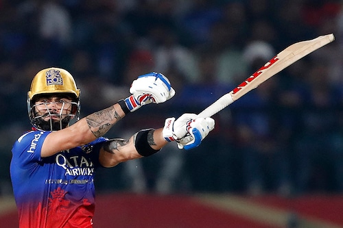 Royal Challengers Bengaluru"s Virat Kohli plays a shot during the Indian Premier League (IPL) Twenty20 cricket match between Punjab Kings and Royal Challengers Bengaluru at the Himachal Pradesh Cricket Association Stadium in Dharamsala on May 9, 2024.