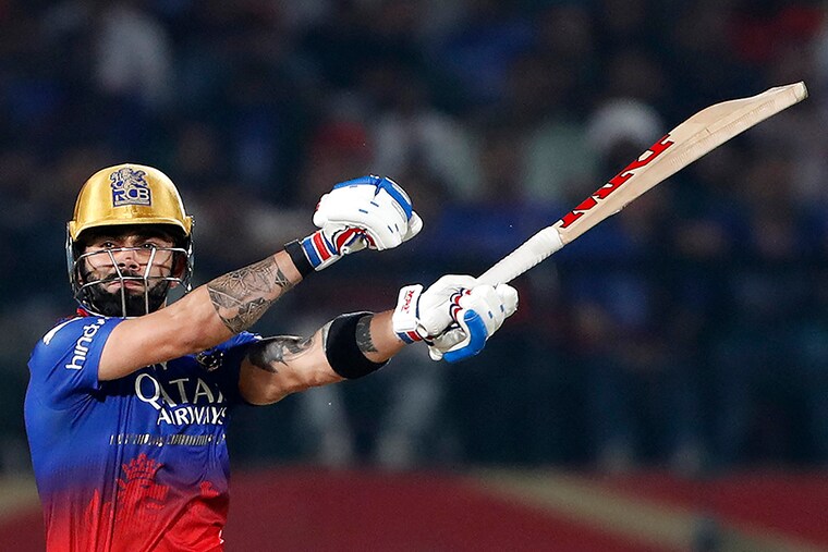 Royal Challengers Bengaluru"s Virat Kohli plays a shot during the Indian Premier League (IPL) Twenty20 cricket match between Punjab Kings and Royal Challengers Bengaluru at the Himachal Pradesh Cricket Association Stadium in Dharamsala on May 9, 2024.