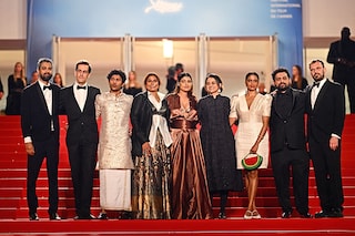 (FromL) Indian co-producer Ranabir Das, French producer Julien Graff, Indian actor Hridhu Haroon, Indian actress Chhaya Kadam, Indian actress Divya Prabha, Indian director Payal Kapadia, Indian actress Kani Kusruti, Indian co-producer Zico Maitra and French producer Thomas Hakim arrive for the screening of the film "All We Imagine as Light" at the 77th edition of the Cannes Film Festival in Cannes, southern France, on May 23, 2024. (Photo by LOIC VENANCE / AFP)