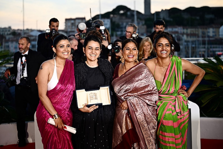 (From L-R) Indian actress Divya Prabha, director Payal Kapadia, and actresses Chhaya Kadam and Kani Kusruti pose during a photocall after winning the Grand Prix for the film "All We Imagine as Light" during the Closing Ceremony at the 77th edition of the Cannes Film Festival in Cannes, southern France, on May 25, 2024.