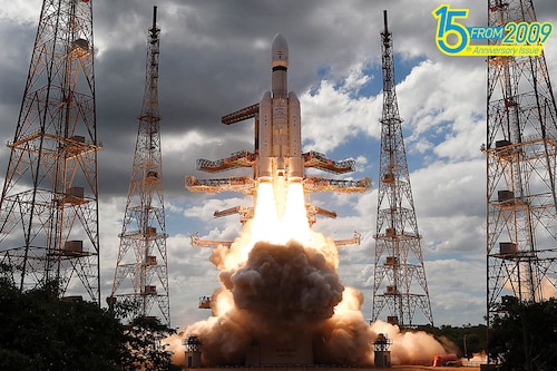 Isro’s Launch Vehicle Mark-III (LVM3) M4 rocket carrying Chandrayaan-3 lifts off from the launch pad at Satish Dhawan Space Centre, in Sriharikota, Andhra Pradesh, on July 14, 2023
Image: Courtesy ISRO