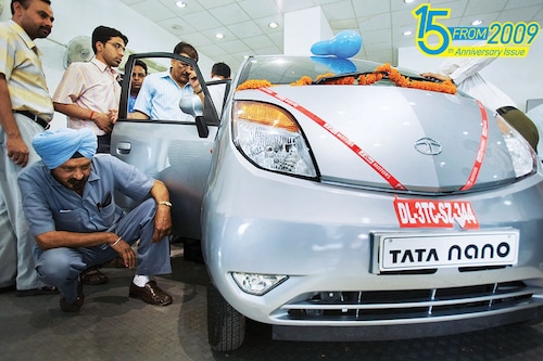 Tata Nano, the world’s cheapest car, in a New Delhi showroom in April 2009. Sold at ₹100,000 ex-factory, the Initial bookings stood at 200,000 units and Tata Motors collected ₹2,500 crore. The company announced plans to stop production in 2019 and the last car was delivered in 2020
Image: Abhijit Bhatlekar / Mint via Getty Images Tata Nano, the world’s cheapest car, in a New Delhi showroom in April 2009. Sold at ₹100,000 ex-factory, the Initial bookings stood at 200,000 units and Tata Motors collected ₹2,500 crore. The company announced plans to stop production in 2019 and the last car was delivered in 2020
Image: Abhijit Bhatlekar / Mint via Getty Images