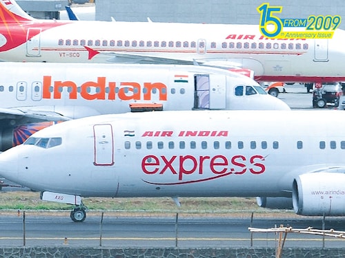 Much of Air India’s crisis was due to an ill-timed move by the government in 2007 to merge the national carrier—then flying internationally—with domestic carrier Indian Airlines
Image: Punit Paranjpe Much of Air India’s crisis was due to an ill-timed move by the government in 2007 to merge the national carrier—then flying internationally—with domestic carrier Indian Airlines
Image: Punit Paranjpe