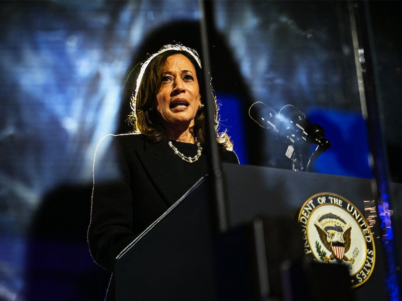 US Vice President and Democratic presidential candidate Kamala Harris speaks for the final pitch to the voters during a campaign rally on the Benjamin Franklin Parkway in Philadelphia, Pennsylvania on November 4, 2024.