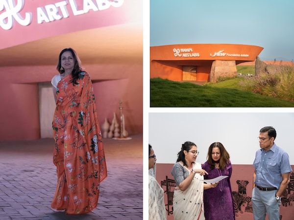 Sangita Jindal, Chairperson, JSW Foundation Exterior view of Hampi Art Labs Sangita Jindal and Sajjan Jindal with Jayeeta Chatterjee in her studio at Hampi Art Labs.
Image: Courtesy of Hampi Art Labs