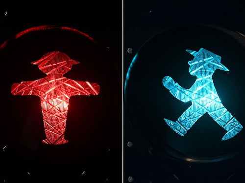 Ampelmann traffic lights at the shop of Berlin brand Ampelmann in central Berlin. Image credit: Photography RALF HIRSCHBERGER / AFP