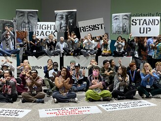 Climate activists demonstrate on the grounds of the UN climate summit COP29 on 23 November 2024 in Baku.