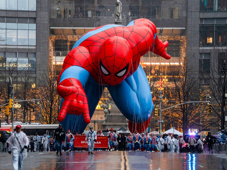 A view of the Spider-Man balloon during the Macy"s Thanksgiving Day Parade in New York City on November 28, 2024.