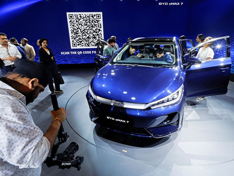 BYD eMAX 7, India’s first 6- and 7-seater electric multi-purpose vehicle is presented during its launch in New Delhi, India on October 8, 2024. The company’s Blade Battery is one of the most advanced technologies developed globally for electric vehicles by the leading Chinese car and battery maker BYD.