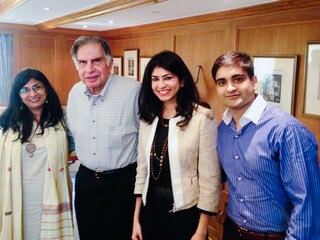 CashKaro co-founders Swati and Rohan Bhargava, with Ratan Tata