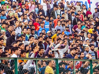 Spectators react in the crowd during Legends League Cricket (LLC) match between India Capitals and Toyam Hyderabad at Baskhi Stadium on October 13, 2024, in Srinagar, India.Â  Image: Yawar Nazir/Getty Images