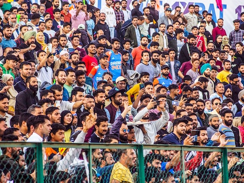 Spectators react in the crowd during Legends League Cricket (LLC) match between India Capitals and Toyam Hyderabad at Baskhi Stadium on October 13, 2024, in Srinagar, India.Â  Image: Yawar Nazir/Getty Images