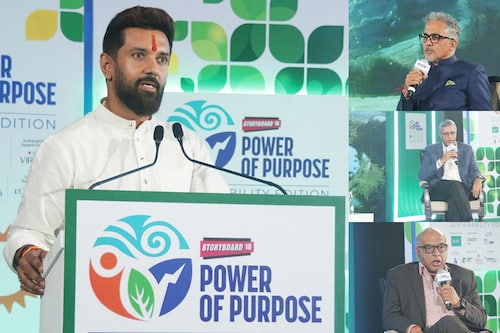 A gathering of purpose-driven minds at Storyboard18 and Network18 Group"s Power of Purpose: Sustainability Edition, impactful stories, and pivotal conversations set the agenda for a sustainable future. The evening was graced by prominent industry leaders and key policymakers. (Clockwise: Rohit Kapoor, Alok Lall, Sanjeev Bikhchandani and Chirag Paswan)