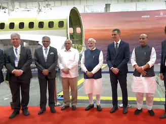 Prime Minister Narendra Modi, Spanish Prime Minister Pedro Sanchez, Defence Minister Rajnath Singh, Gujarat CM Bhupendra Patel, Tata Sons Chairman Natarajan Chandrasekaran, and Noel Tata, chairman of Tata Trusts and Trent at the inauguration of TATA Aircraft Complex, in Vadodara, Gujarat, Monday, October 28, 2024. The Ministry of Defence in 2021 signed a ₹ 21,935-crore contract with Airbus Defense and Space SA, Spain, for the supply of 56 aircraft, of which 16 will be delivered by Airbus, and the rest will be built at the TATA Advanced Systems Limited (TASL) Campus--first private sector Final Assembly Line (FAL) for military aircraft in India.
