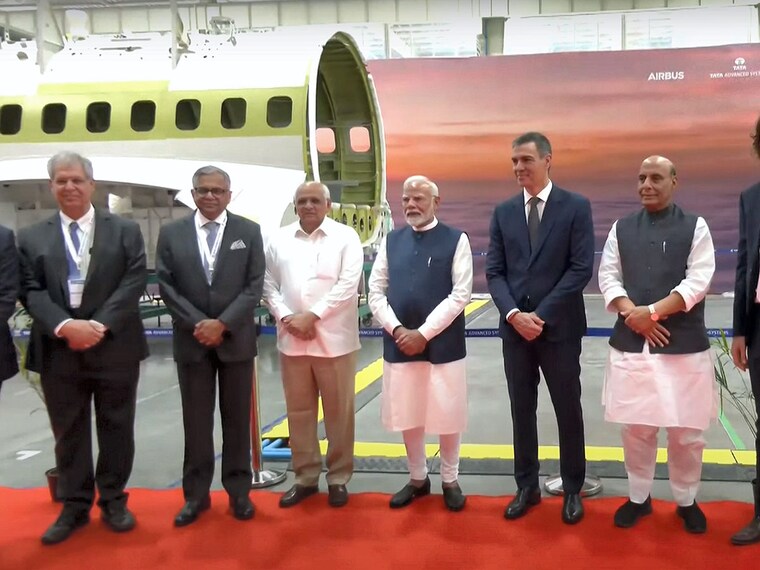 Prime Minister Narendra Modi, Spanish Prime Minister Pedro Sanchez, Defence Minister Rajnath Singh, Gujarat CM Bhupendra Patel, Tata Sons Chairman Natarajan Chandrasekaran, and Noel Tata, chairman of Tata Trusts and Trent at the inauguration of TATA Aircraft Complex, in Vadodara, Gujarat, Monday, October 28, 2024. The Ministry of Defence in 2021 signed a ₹ 21,935-crore contract with Airbus Defense and Space SA, Spain, for the supply of 56 aircraft, of which 16 will be delivered by Airbus, and the rest will be built at the TATA Advanced Systems Limited (TASL) Campus--first private sector Final Assembly Line (FAL) for military aircraft in India.
