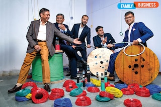 (From left) Sandeep Aggarwal, MD, Sanjay Aggarwal, chairman &amp CEO at Paramount Cables with third-gen scions Dhruv, Tushar and Parth
Image: Amit Verma