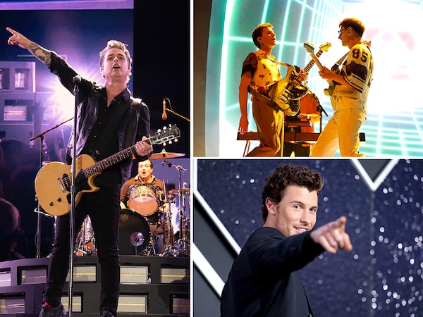 [Clockwise] Punk-rock band Green Day, rock band Glass Animals known for hit single "Heat Waves", Grammy-nominated singer and songwriter Shawn Mendes Image: AFP
