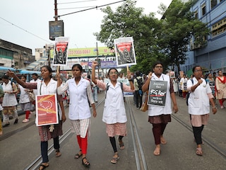 Medical students and doctors shout slogans during a protest rally against the rape and murder of a PGT woman doctor at Government-run R G Kar Medical College &amp Hospital in Kolkata, India, on September 7, 2024. Image: Rupak De Chowdhuri/NurPhoto via Getty Images
