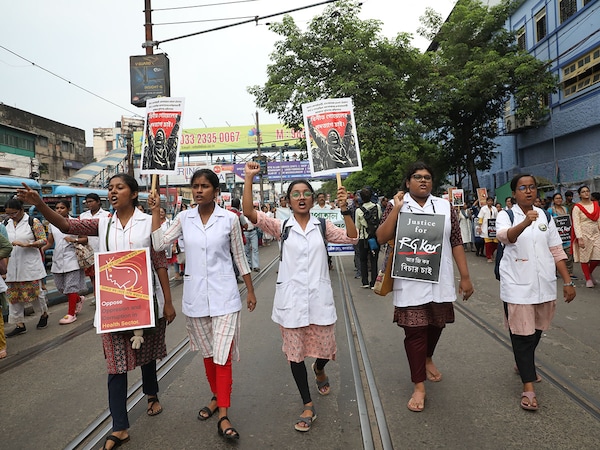 Medical students and doctors shout slogans during a protest rally against the rape and murder of a PGT woman doctor at Government-run R G Kar Medical College &amp Hospital in Kolkata, India, on September 7, 2024. Image: Rupak De Chowdhuri/NurPhoto via Getty Images