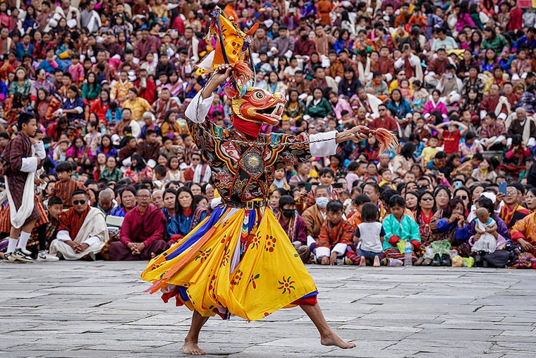 A dancer performs Cham dance during the "Thimphu Tshechu" festival at Tashichho Dzong Buddhist monastery, in Thimphu on September 14, 2024. Image: Upasana Dahal/AFP