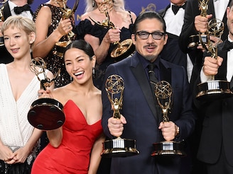 Anna Sawai and Hiroyuki Sanada pose for the camera after bagging awards as the outstanding lead actors in a drama series for Shogun, at the 76th Primetime Emmy Awards held at Peacock Theater on September 15, 2024, in Los Angeles, US.
