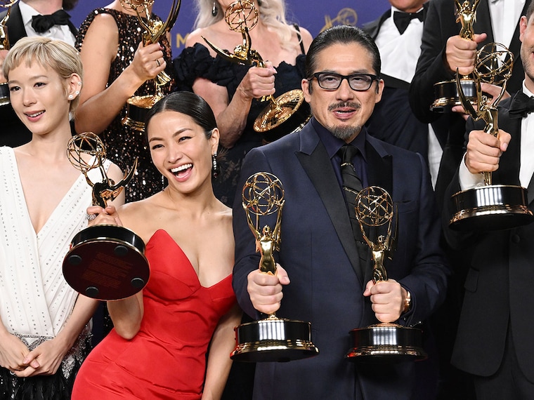 Anna Sawai and Hiroyuki Sanada pose for the camera after bagging awards as the outstanding lead actors in a drama series for Shogun, at the 76th Primetime Emmy Awards held at Peacock Theater on September 15, 2024, in Los Angeles, US.