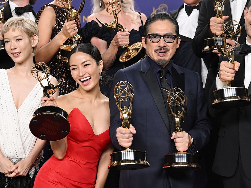 Anna Sawai and Hiroyuki Sanada pose for the camera after bagging awards as the outstanding lead actors in a drama series for Shogun, at the 76th Primetime Emmy Awards held at Peacock Theater on September 15, 2024, in Los Angeles, US.