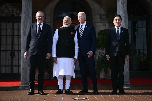 US President Joe Biden (3R) participates in a Quadrilateral Summit family photo with Australian Prime Minister Anthony Albanese (L), Indian Prime Minister Narendra Modi (2L), and Japanese Prime Minister Fumio Kishida (R) at the Archmere Academy in Wilmington, Delaware, on September 21, 2024. Image: Brendan Smialowski / AFP