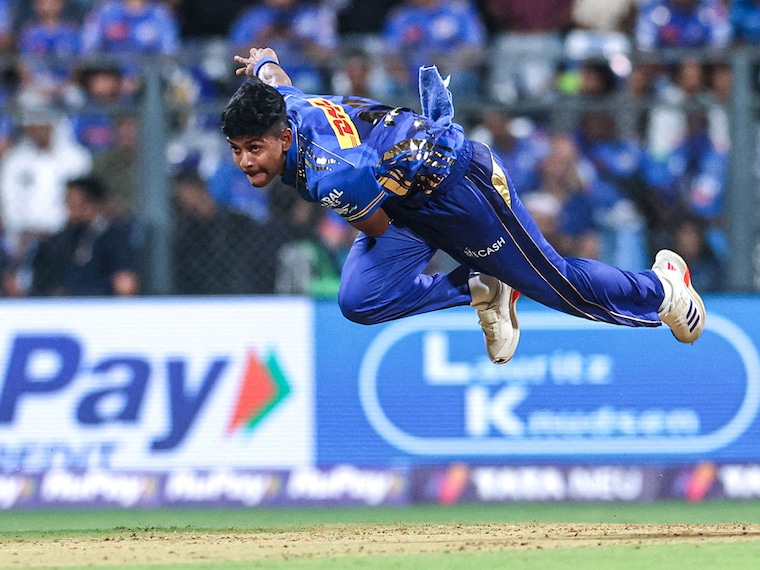 Mumbai Indians" left-arm pacer Ashwani Kumar is seen in action in their game against Kolkata Knight Riders at the Indian Premier League match at the Wankhede Stadium, Mumbai, India, on March 31, 2025. Ashwani dazzled in his debut with bowling figures of 4 for 24, making him the first Indian bowler to bag four wickets on his IPL debut.