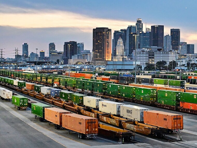 Shipping containers are seen at Union Pacific"s Los Angeles Trailer and Container Intermodal Facility (LATC) in downtown Los Angeles, California, on April 1, 2025. US trading partners scrambled on April 1 to prepare for the latest draft of Donald Trump tariffs after the US president left unclear who would be targeted but promised to be "very kind" in addressing what he says are unfair trade imbalances.