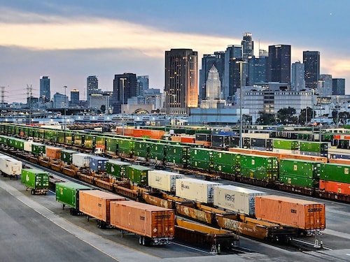 Shipping containers are seen at Union Pacific"s Los Angeles Trailer and Container Intermodal Facility (LATC) in downtown Los Angeles, California, on April 1, 2025. US trading partners scrambled on April 1 to prepare for the latest draft of Donald Trump tariffs after the US president left unclear who would be targeted but promised to be "very kind" in addressing what he says are unfair trade imbalances.
