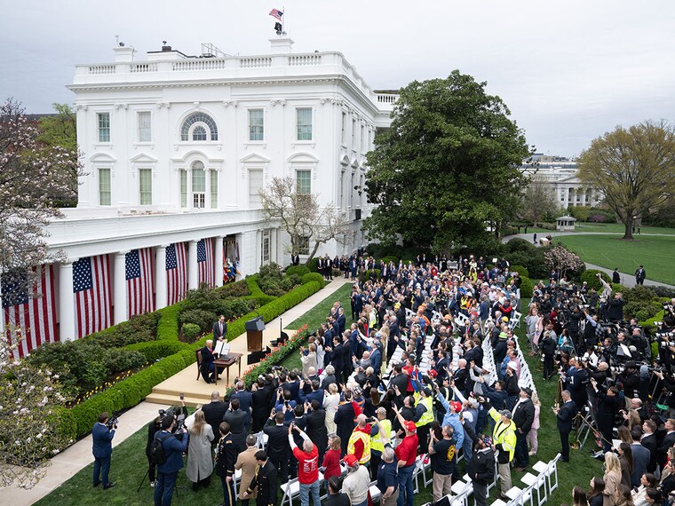 A view of the event entitled "Make America Wealthy Again" at the Rose Garden, where US President Donald Trump signed an executive order on reciprocal tariffs at the White House in Washington, DC, on April 2, 2025. Trump unveiled sweeping new "Liberation Day" tariffs in a move that threatens to ignite a devastating global trade war. Key US trading partners, including the European Union and Britain, said they were preparing their responses to Trump"s escalation as nervous markets fell in Europe and America.