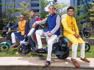 Team Yulu: (From left) RK Misra, co-founder, Anuj Tewari, co-founder &amp CFO, Amit Gupta, co-founder &amp CEO, Naveen Dachuri, co-founder &amp CTO
Image: Selvaprakash Lakshmanan for Forbes India