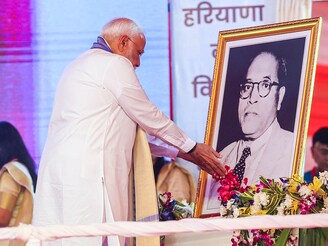 Prime Minister Narendra Modi pays tribute to BR Ambedkar on his birth anniversary during a public meeting in Hisar, Haryana. PM Modi laid the foundation stone of the new terminal building of Hisar Airport and flagged off a commercial flight from Hisar to Ayodhya on Monday, April 14, 2025.