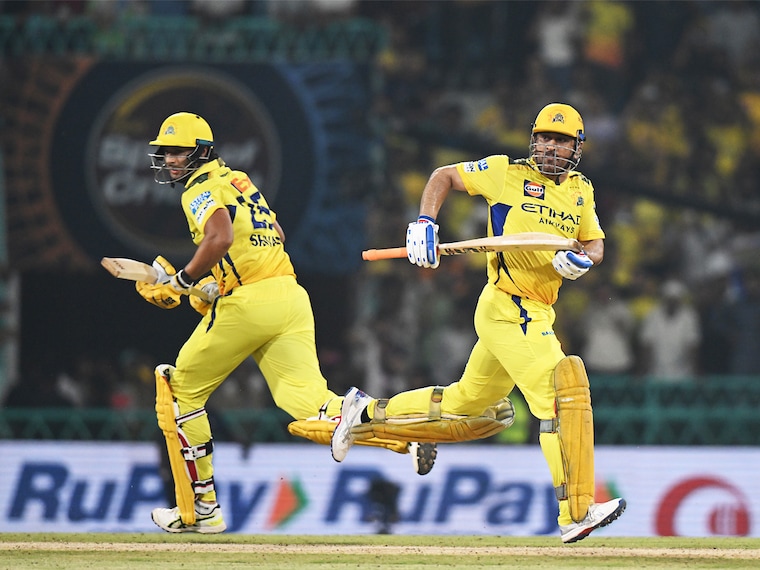 MS Dhoni (R) and Shivam Dube of Chennai Super Kings run between the wickets during the 2025 IPL match against Lucknow Super Giants at Vajpayee Ekana Cricket Stadium on April 14, 2025, in Lucknow, India. Braving a five-match losing streak, Dhoni stepped on a tricky chase with a match-winning, unbeaten 26 off 11 balls to see CSK to its first win in the IPL.