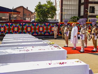 Union Home Minister Amit Shah pays his last respects to 26 people killed in the Pahalgam terror attack, in Srinagar, Jammu and Kashmir on April 23, 2025.