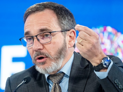 International Monetary Fund (IMF) Chief Economist Pierre-Olivier Gourinchas speaks on the "World Economic Outlook" during the IMF/World Bank Group Spring Meetings in Washington, DC, on April 22, 2025. Image: Jim Watson / AFP