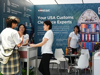 A booth of Unipac shipping company is seen at the Canton Fair in Guangzhou, in southern China"s Guangdong province on April 15, 2025. Since US President Donald Trump took office in January, China and the United States have been locked in a tit-for-tat tariff war.
Image : Jade Gao / AFP