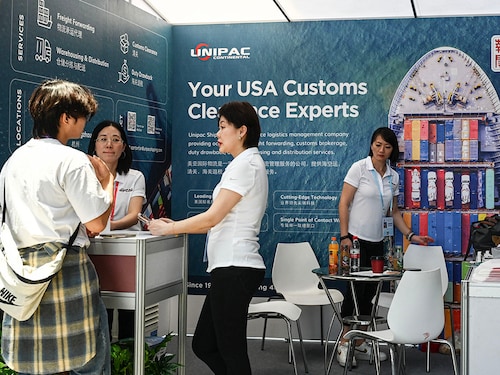A booth of Unipac shipping company is seen at the Canton Fair in Guangzhou, in southern China"s Guangdong province on April 15, 2025. Since US President Donald Trump took office in January, China and the United States have been locked in a tit-for-tat tariff war.
Image : Jade Gao / AFP A booth of Unipac shipping company is seen at the Canton Fair in Guangzhou, in southern China"s Guangdong province on April 15, 2025. Since US President Donald Trump took office in January, China and the United States have been locked in a tit-for-tat tariff war.
Image : Jade Gao / AFP