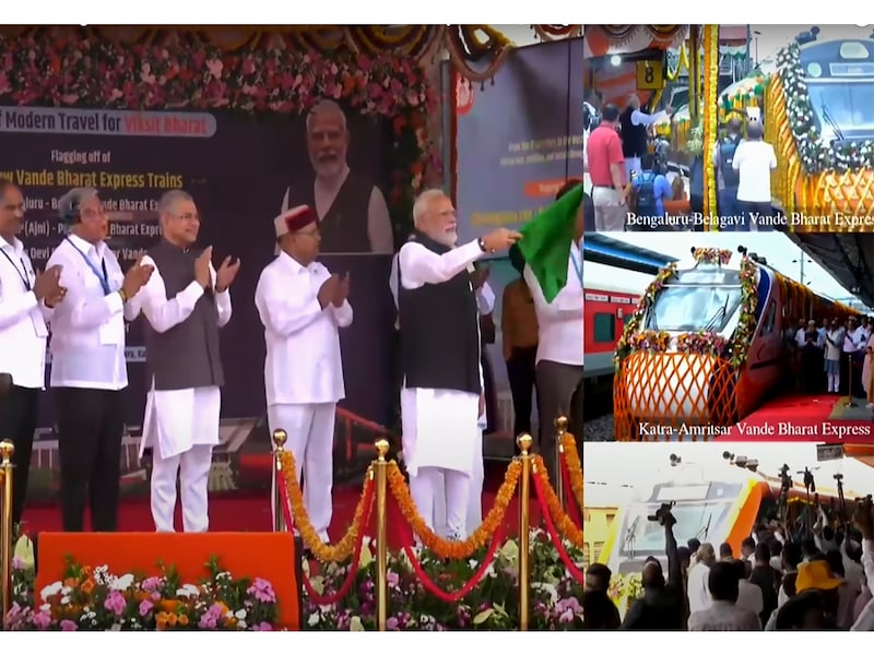 Prime Minister Narendra Modi flags off the Vande Bharat Express train from Bengaluru to Belagavi, at KSR Railway Station, in Bengaluru on August 10, 2025.