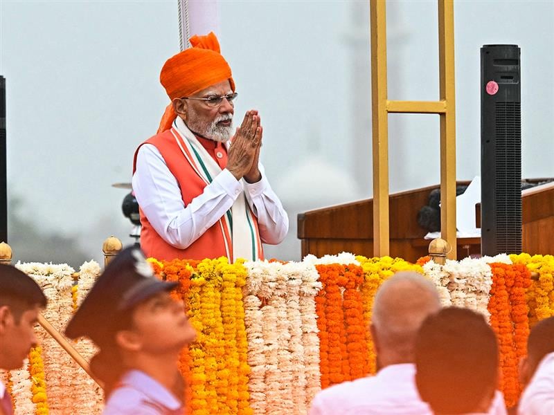 India’s Prime Minister Narendra Modi gestures after addressing the nation from the ramparts of the Red Fort during celebrations marking the country’s Independence Day in New Delhi on August 15, 2025. Modi said that India is seeking self-reliance through energy independence and the development of its own powerful defence systems, vowing to defend the country’s interests “like a wall."