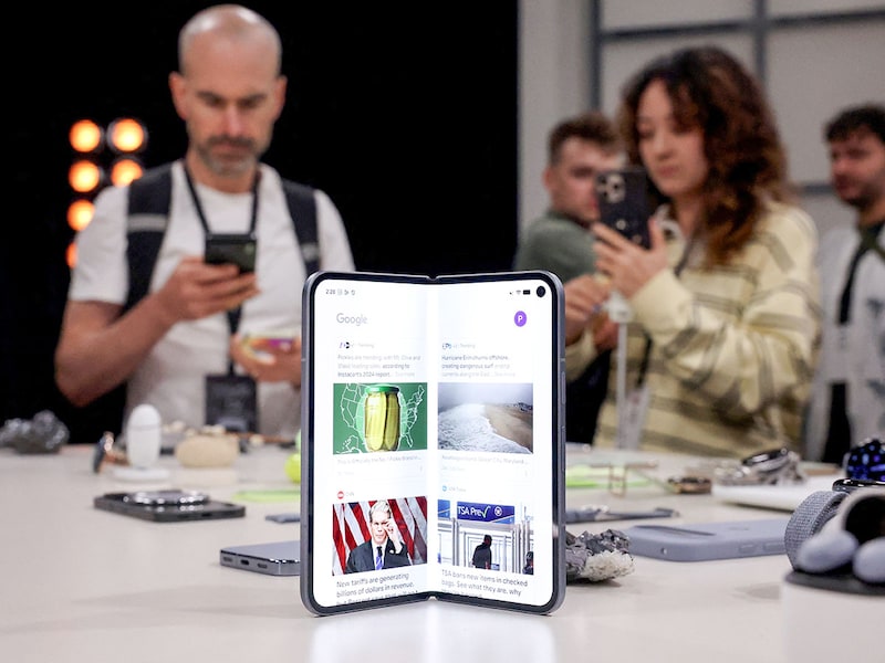 Pixel 10 Pro Fold mobile phone is presented during the "Made by Google" event, organised to introduce the latest additions to Google"s Pixel portfolio of devices including Pixel Watch 4, in Brooklyn, New York, US, August 20, 2025.