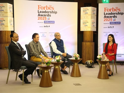 L to R: KVS Manian, MD &amp CEO, Federal Bank Harsh Mariwala, Founder and Chairman, Marico — Jury chair Amit Chandra, Chairman-India, Bain Capital Neha Bothra, Forbes India